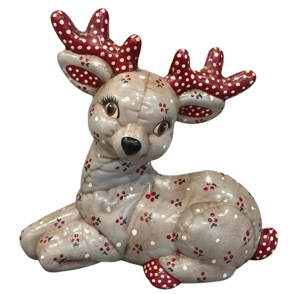 Hand Painted Christmas Reindeer Deer Ceramic Planter Cachepot Folk Art 8